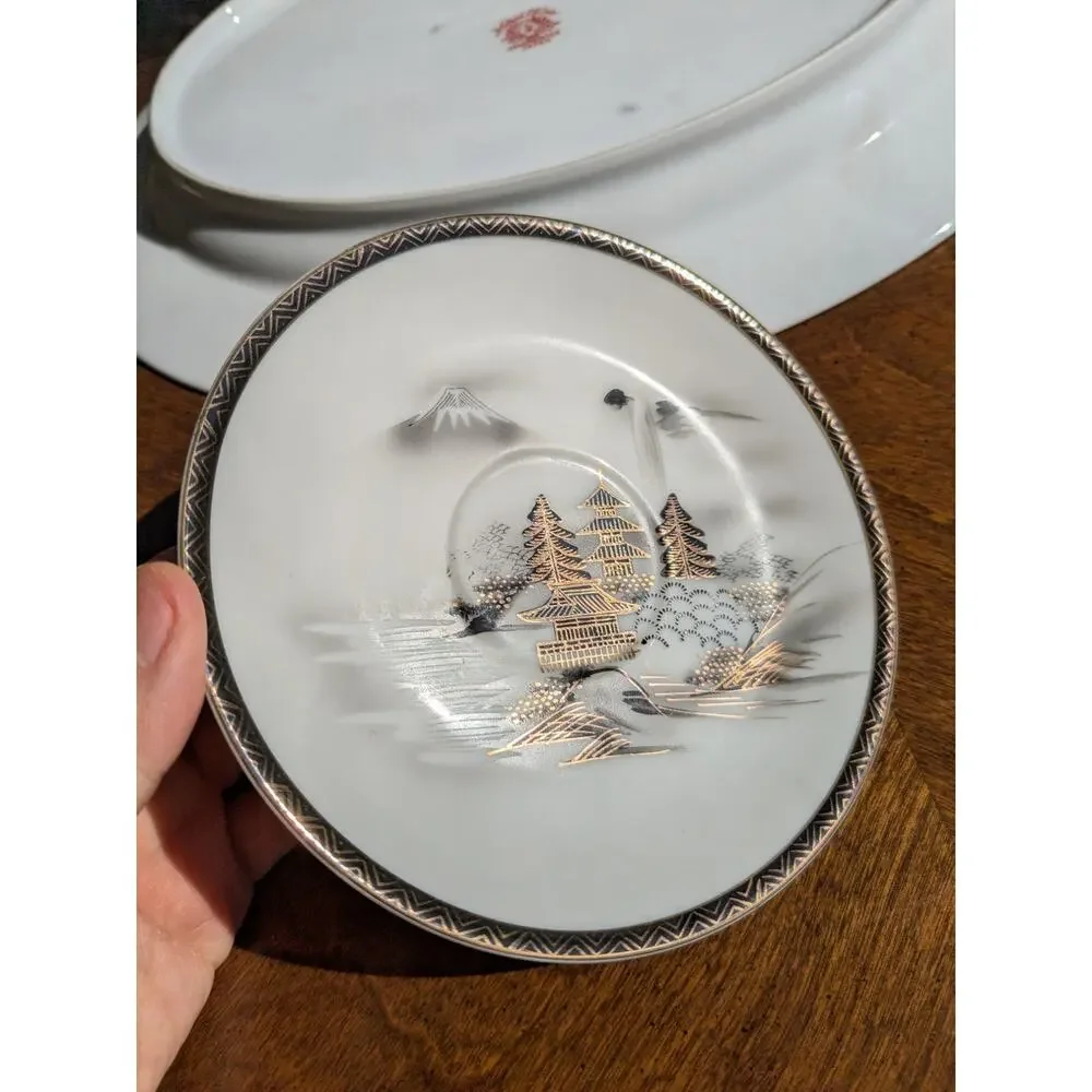 Vintage Kutani Hand Painted Japan Platter & Teacup Set - Monochrome Mt Fuji